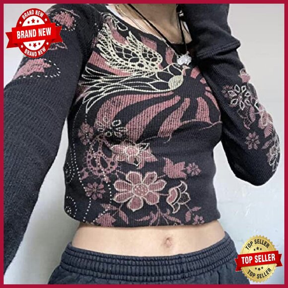 Y2K Fairy Grunge Graphic Long Sleeve Tee Polyester Crop Top - Picture 5 of 7